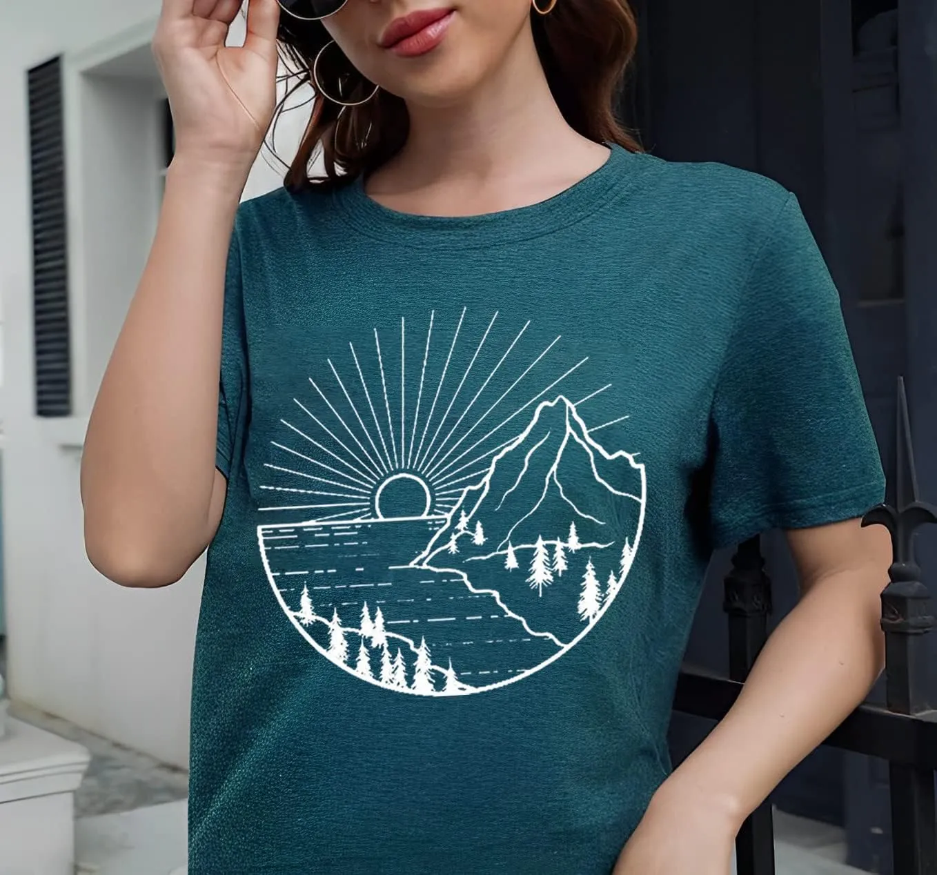 Women Hiking Mountain Shirt Nature Sunrise Graphic Printed Hiking T Shirt Summer Short Sleeve Workout Tee top