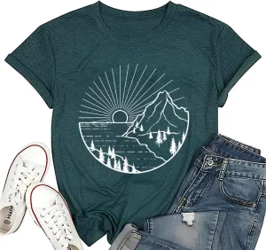 Women Hiking Mountain Shirt Nature Sunrise Graphic Printed Hiking T Shirt Summer Short Sleeve Workout Tee top