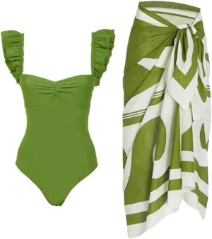 Women One-Piece Swimsuit with Cover up Wrap Skirt Sarong Bathing Suit Beach Outfit Summer