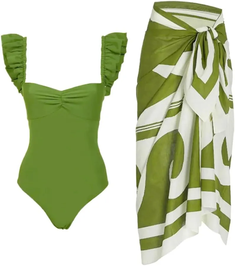 Women One-Piece Swimsuit with Cover up Wrap Skirt Sarong Bathing Suit Beach Outfit Summer