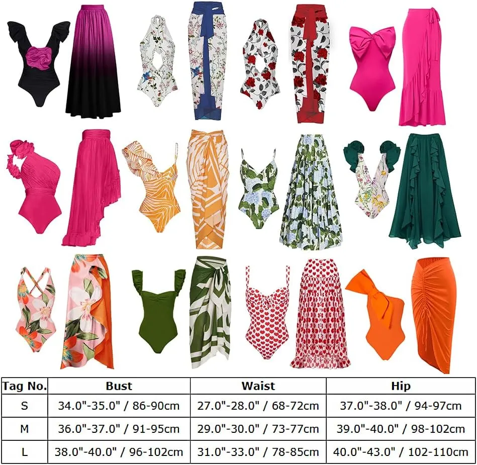 Women One-Piece Swimsuit with Cover up Wrap Skirt Sarong Bathing Suit Beach Outfit Summer