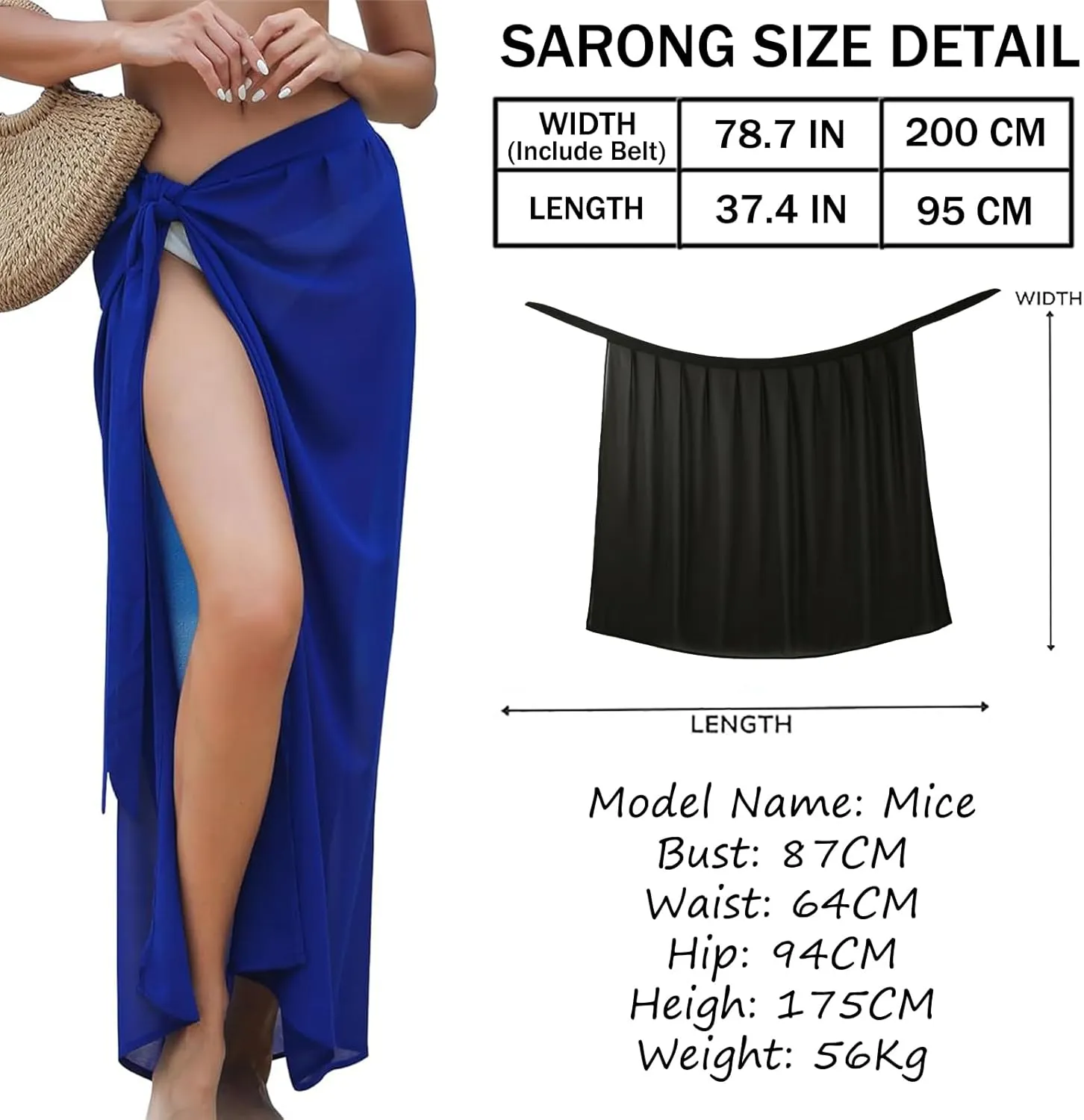 Women Sarong Swimsuit Coverup Chiffon Beach Tie Wrap Skirt Long Bikini Sheer Scarf Bathing Suit