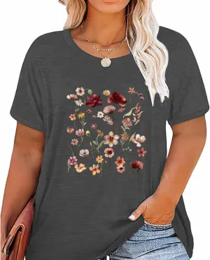 Women Short Sleeve Plus Size O-Neck Vintage Flower Botanical Graphic Printed Shirt Casual Top Tshirt Tunics