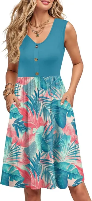 Women Summer Dresses 2025 Beach Vacation Tank Dress Casual Loose Swing Button Down Sleeveless Midi Sundress with Pockets