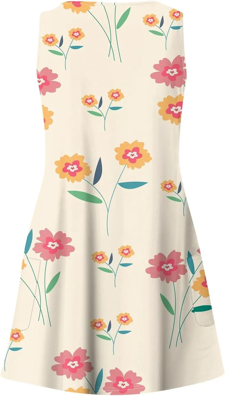 Women Summer Dresses Casual Sleeveless Dress with Pocket Vacation 2025 Swimsuit Coverup Beach Printed Sundress