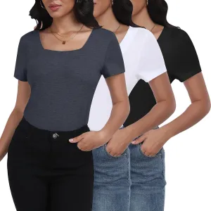 Women T Shirts 3 Pack Basic Womens Tops Short Sleeve Square Neck Tees for Women Casual Summer Outfits Clothes 2025