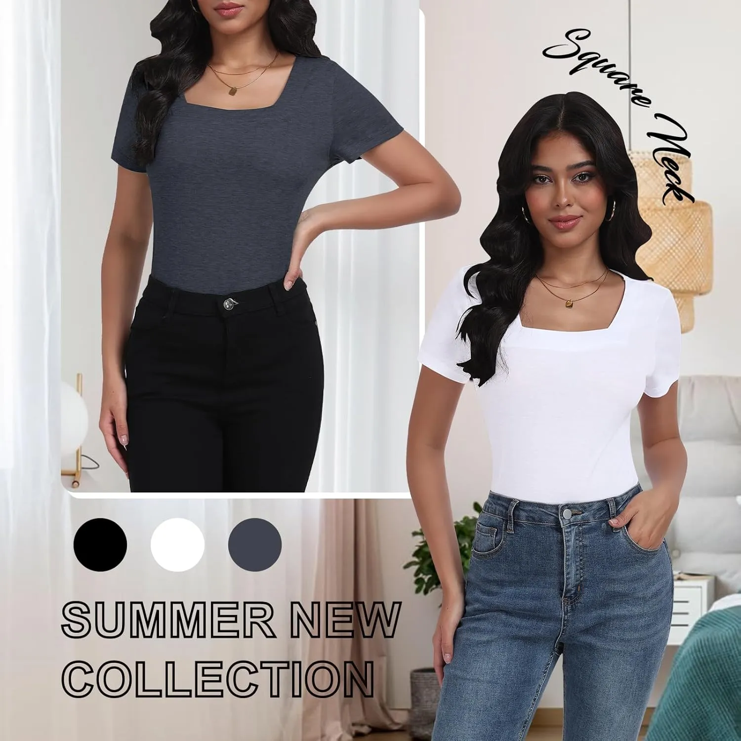 Women T Shirts 3 Pack Basic Womens Tops Short Sleeve Square Neck Tees for Women Casual Summer Outfits Clothes 2025