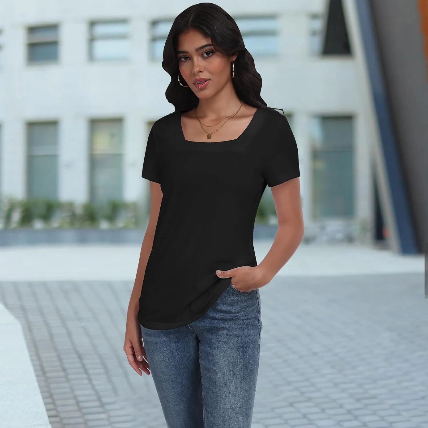 Women T Shirts 3 Pack Basic Womens Tops Short Sleeve Square Neck Tees for Women Casual Summer Outfits Clothes 2025