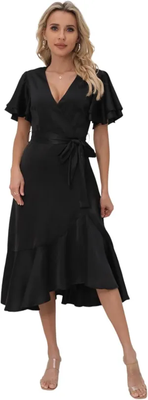 Women's 2025 Summer Cross Midi Dress Casual Boho Deep V Neck Short Sleeve Ruffle Hem Semi-Formal Dress