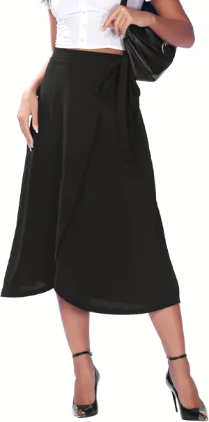 Womens A-Line Wrap Midi Skirt High Low Split Tie Knot Summer Skirts