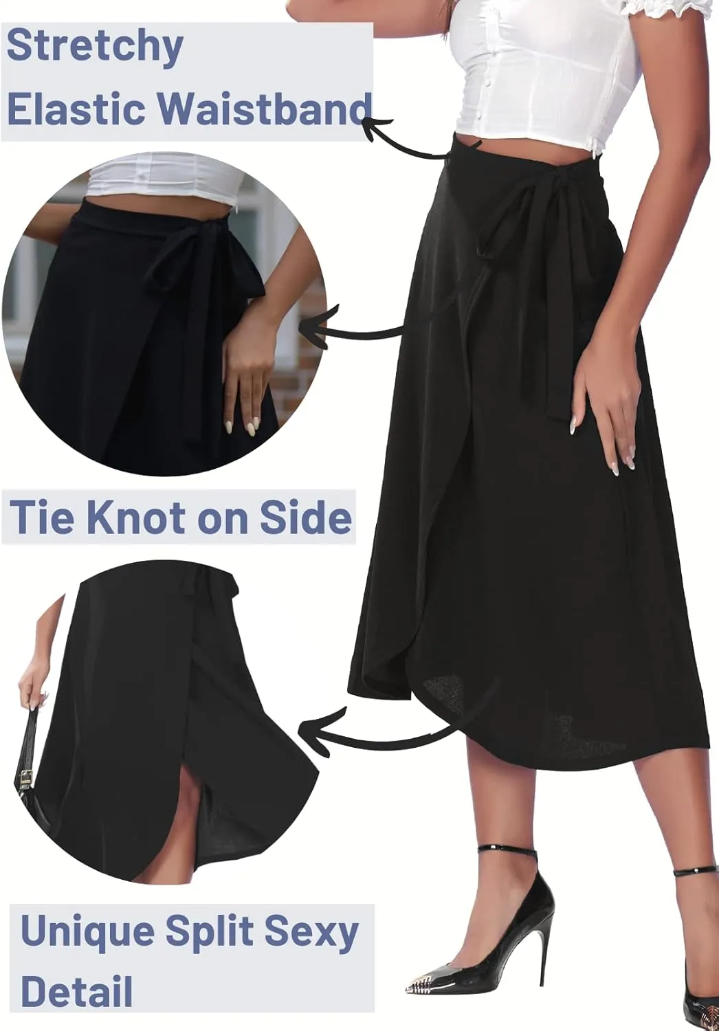 Womens A-Line Wrap Midi Skirt High Low Split Tie Knot Summer Skirts