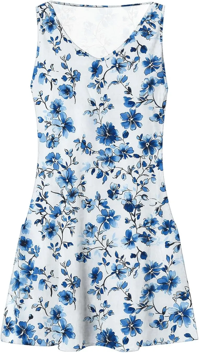 Womens Beach Dresses Trendy Swimsuit Cover Ups Sleeveless Vacation Dresses Floral Flowy Mini Dress Swing Dresses