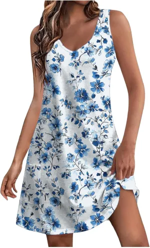 Womens Beach Dresses Trendy Swimsuit Cover Ups Sleeveless Vacation Dresses Floral Flowy Mini Dress Swing Dresses