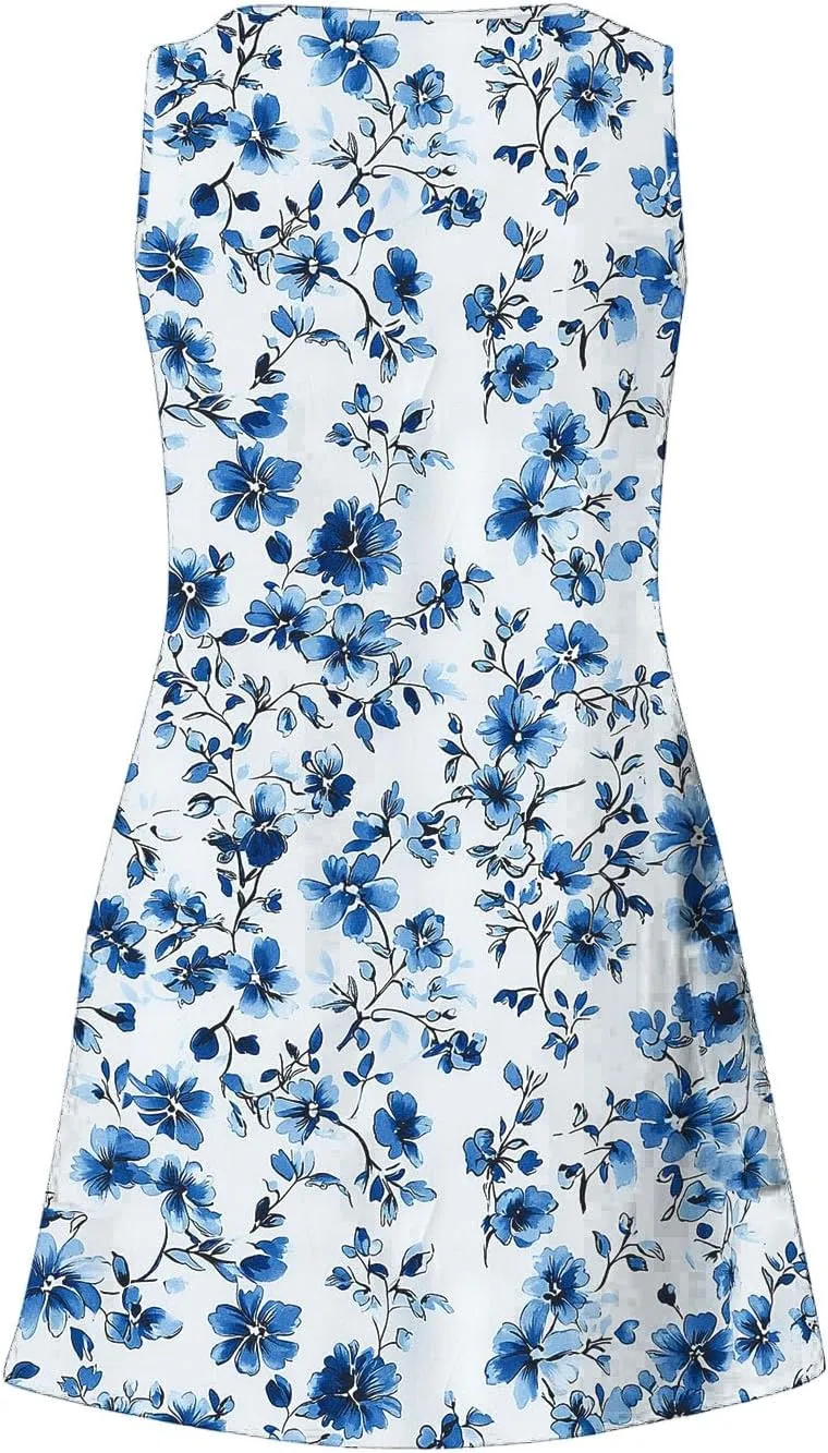 Womens Beach Dresses Trendy Swimsuit Cover Ups Sleeveless Vacation Dresses Floral Flowy Mini Dress Swing Dresses