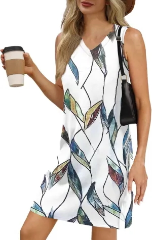 Women's Bohemian Sleeveless V-Neck Floral Print Summer Dress Casual Loose Fit Beach Sundress with Pockets