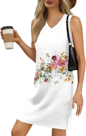 Women's Bohemian Sleeveless V-Neck Floral Print Summer Dress Casual Loose Fit Beach Sundress with Pockets