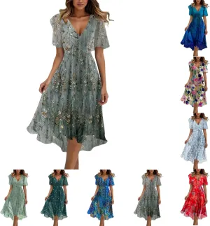 Womens Boho Floral Printed Chiffon Dresses 2025 Elegant V Neck Short Sleeve Belted Summer Wedding Prom Midi Dress