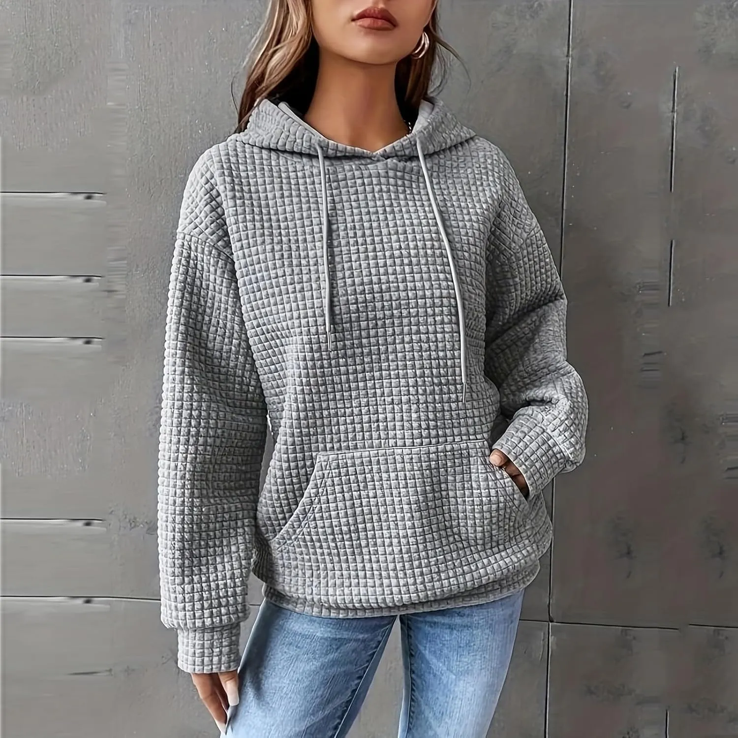 Womens Button Drawstring Y2k Hoodie Drop Shoulder Baggy Hooded Sweatshirt Lightweight Pullover Fall Clothes w/Pockets