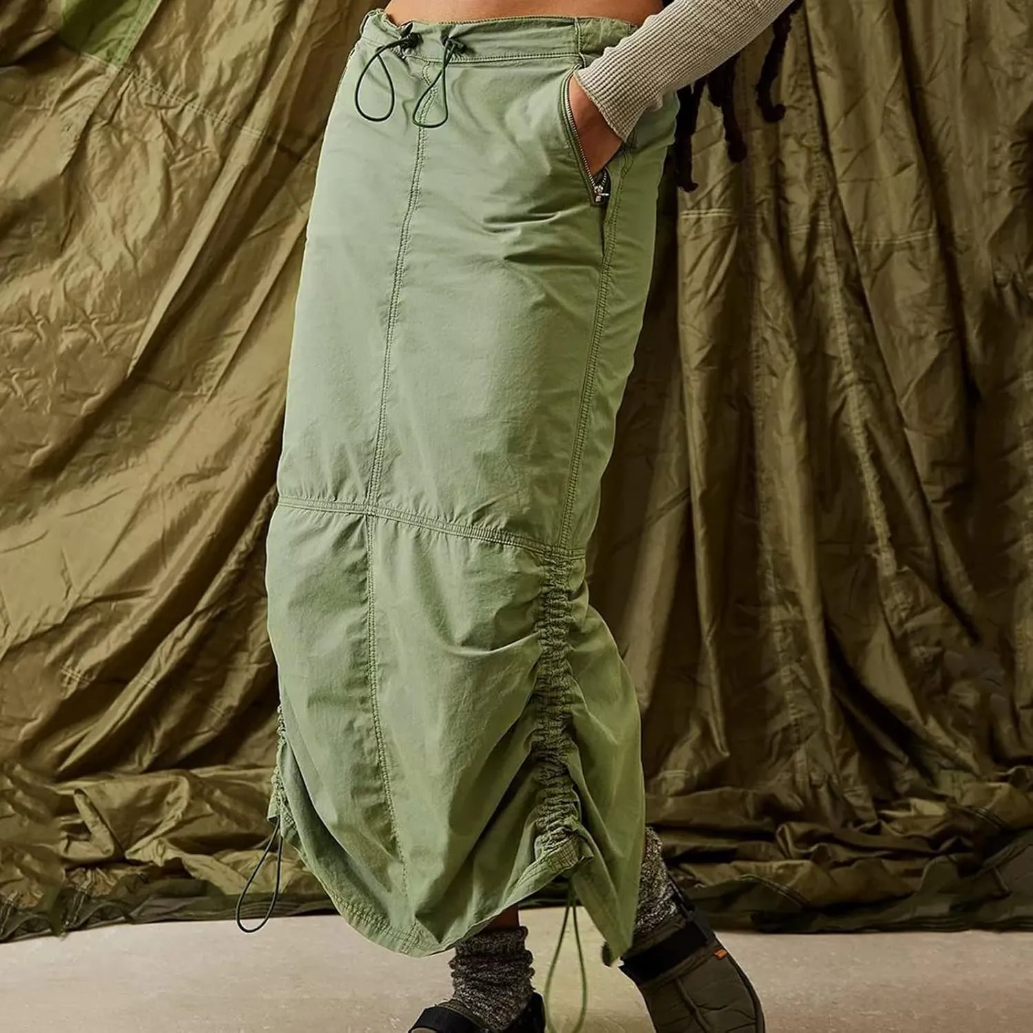 Womens Cargo Skirt Jean Side Drawstring Adjustable Casual A-Line Midi Long Denim Skirt Vacation Backless Sweater