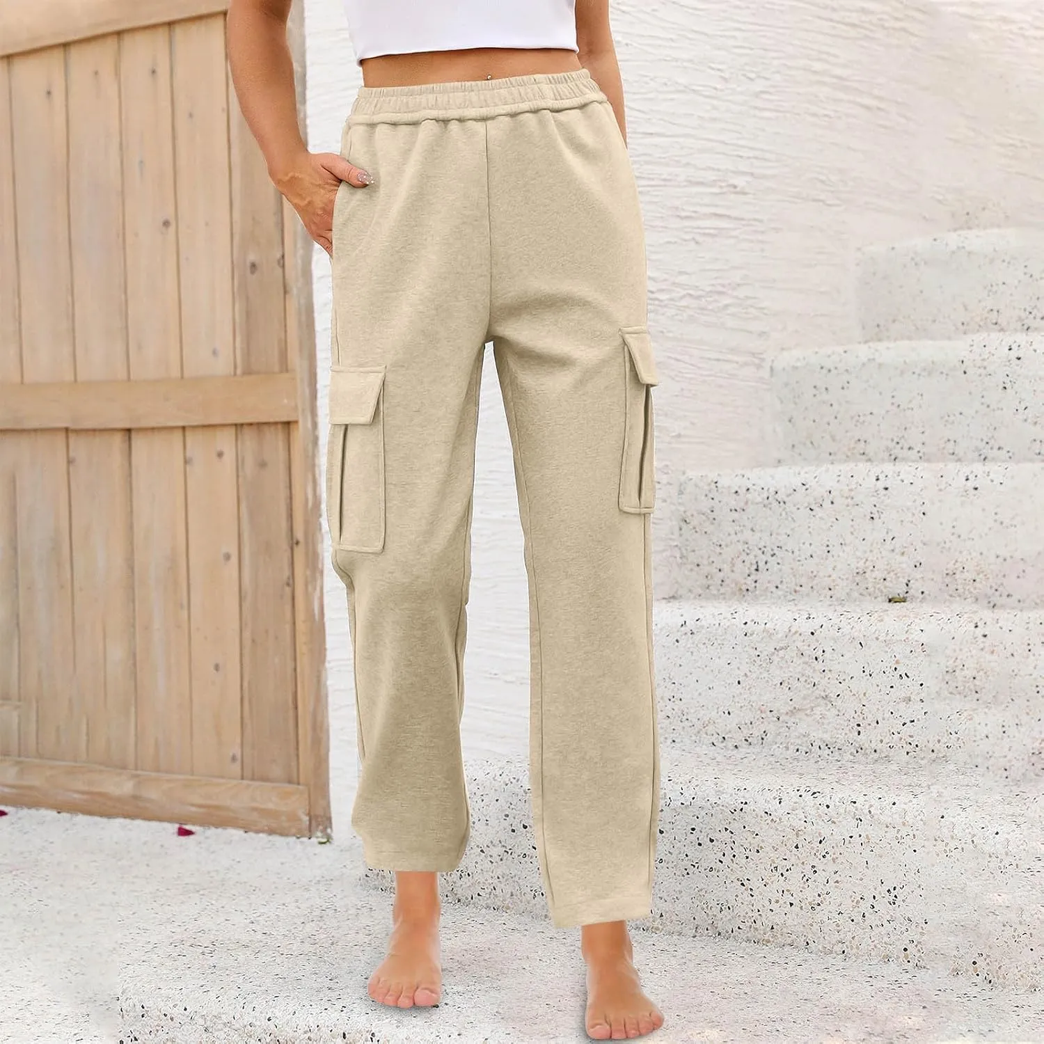 Womens Cargo Sweatpants Casual Elastic High Waist Joggers Pants 2024 Trendy Lounge Trousers with Pockets Fall Outfits