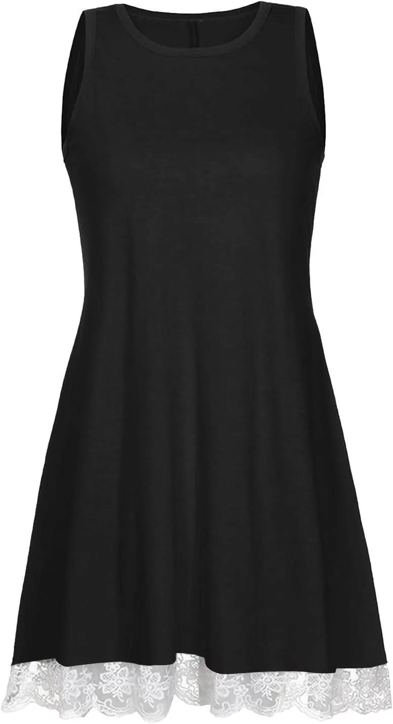 Women's Casual Dresses Trendy Beach Vacation Dress Hem Lace Patchwork Mini Sundress Sleeveless Round Neck Dress