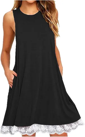 Women's Casual Dresses Trendy Beach Vacation Dress Hem Lace Patchwork Mini Sundress Sleeveless Round Neck Dress