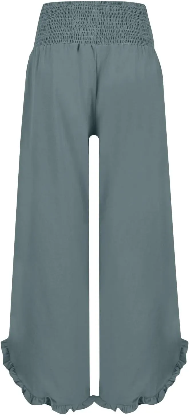 Women's Cotton Linen Pants,Summer Wide Leg Casual Elastic Drawstring High Waist Palazzo Pants with Pockets