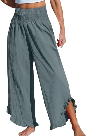 Women's Cotton Linen Pants,Summer Wide Leg Casual Elastic Drawstring High Waist Palazzo Pants with Pockets
