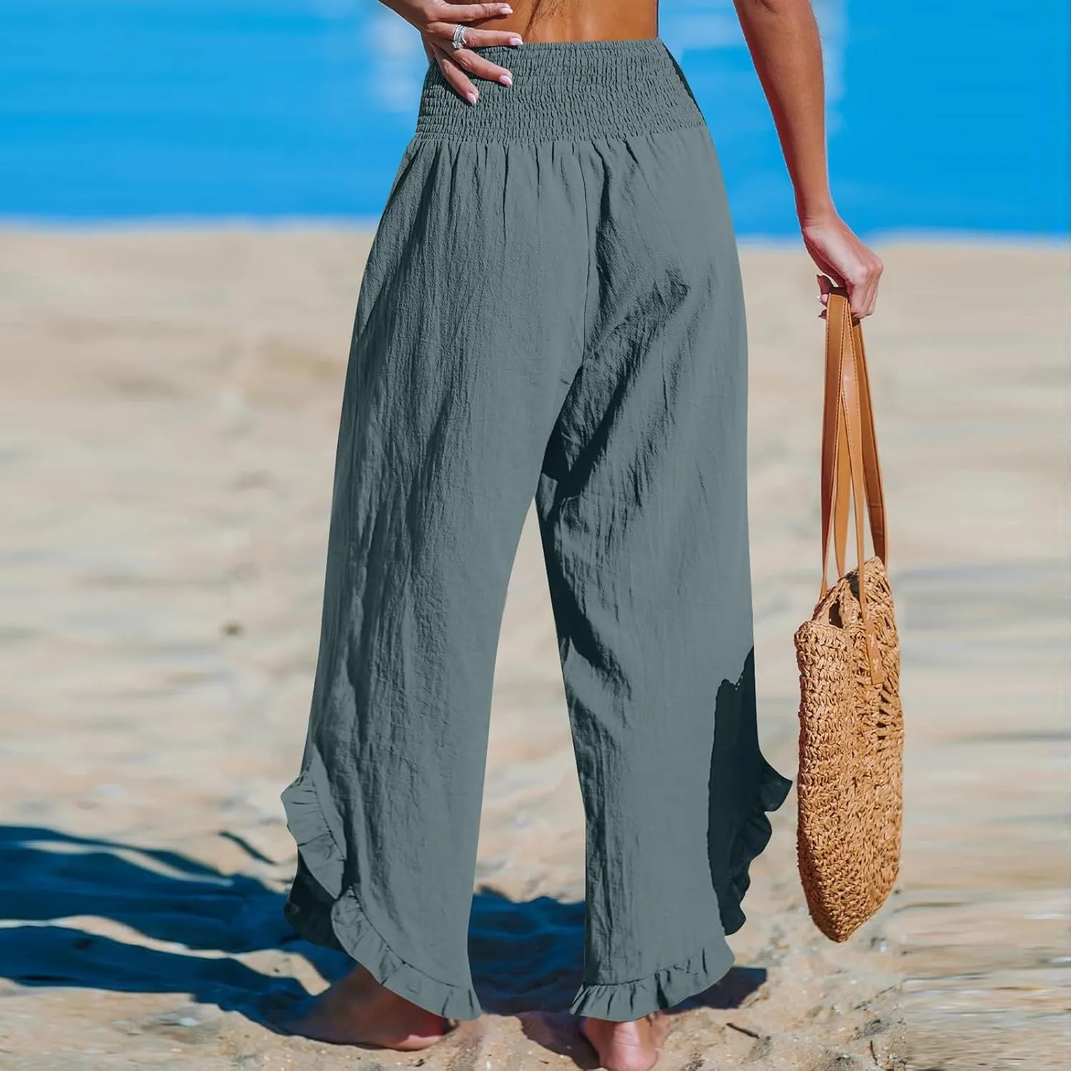 Women's Cotton Linen Pants,Summer Wide Leg Casual Elastic Drawstring High Waist Palazzo Pants with Pockets