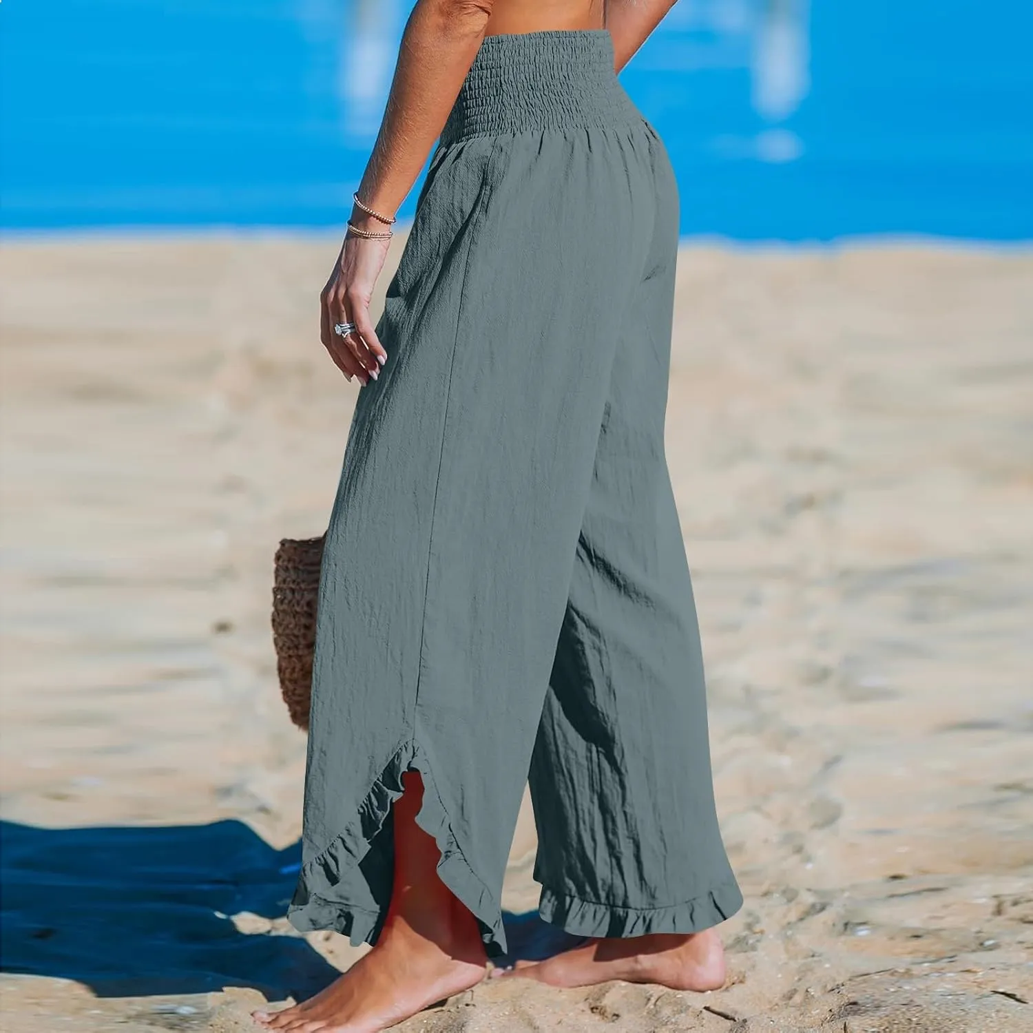 Women's Cotton Linen Pants,Summer Wide Leg Casual Elastic Drawstring High Waist Palazzo Pants with Pockets