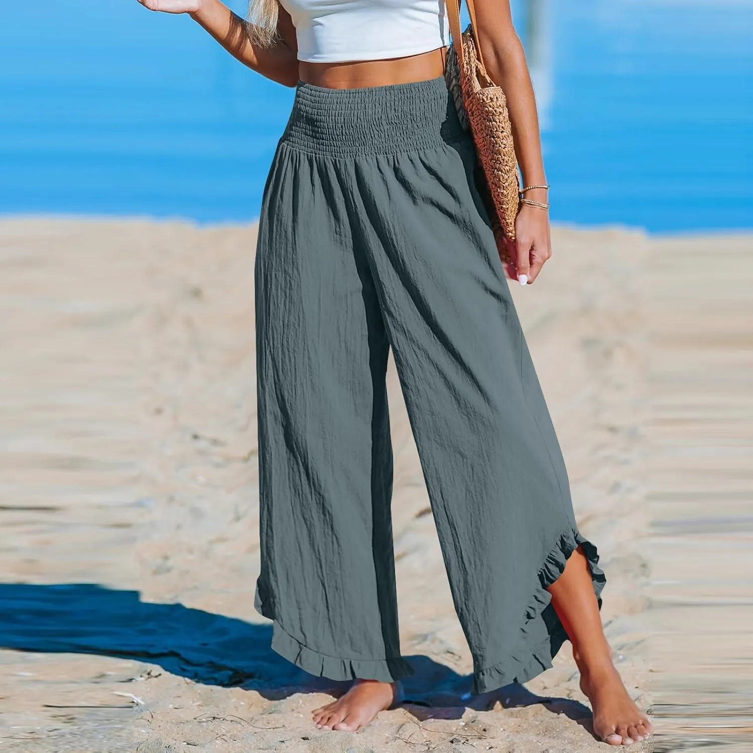 Women's Cotton Linen Pants,Summer Wide Leg Casual Elastic Drawstring High Waist Palazzo Pants with Pockets