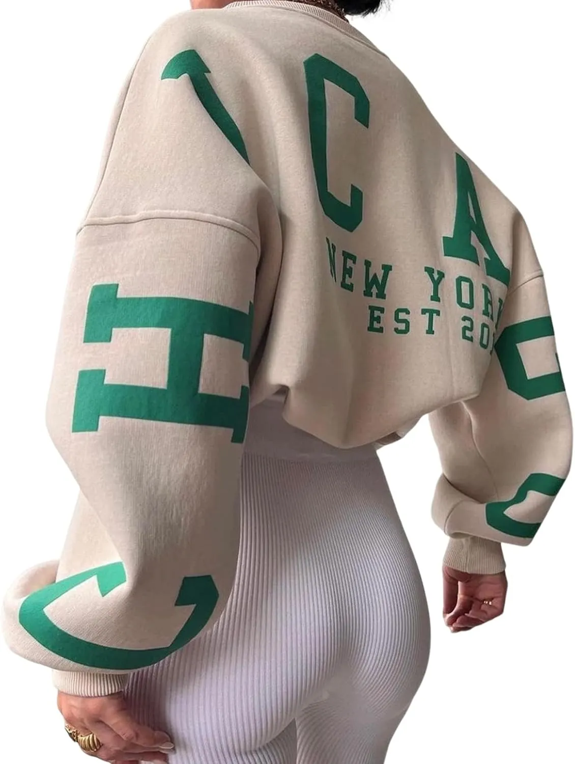 Womens Graphic Sweatshirt Y2K Oversize Letter Chicago Graphic Print Sweatshirt Drop Shoulder Crewneck Pullover Tops Khaki