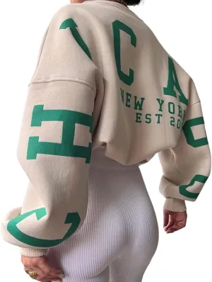 Womens Graphic Sweatshirt Y2K Oversize Letter Chicago Graphic Print Sweatshirt Drop Shoulder Crewneck Pullover Tops Khaki