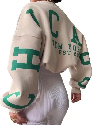 Womens Graphic Sweatshirt Y2K Oversize Letter Chicago Graphic Print Sweatshirt Drop Shoulder Crewneck Pullover Tops