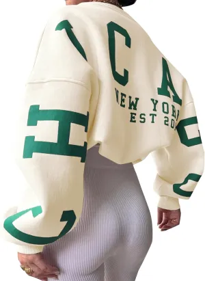 Womens Graphic Sweatshirt Y2K Oversize Letter Chicago Graphic Print Sweatshirt Drop Shoulder Crewneck Pullover Tops