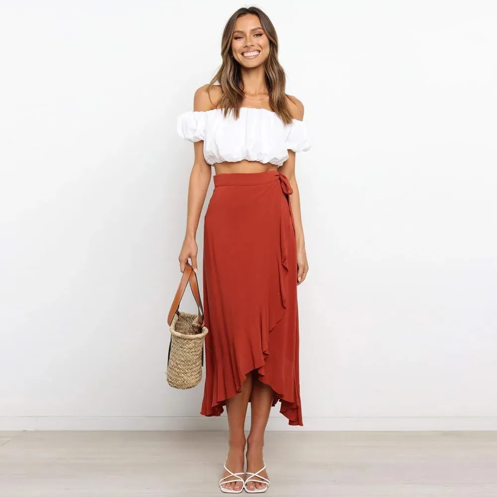 Women's High Low Casual Slit Wrap Asymmetrical Skirt - Solid Elastic High Waist With High Split - Flowy Long Maxi