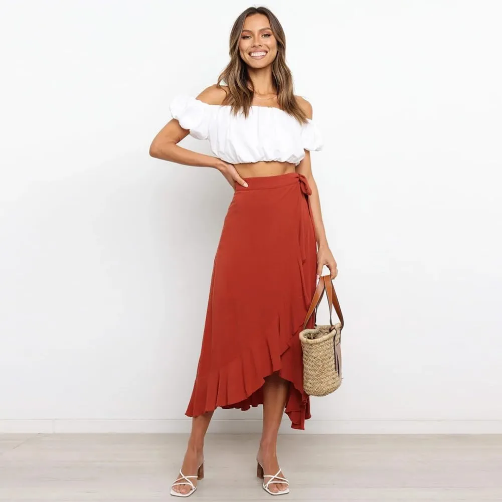 Women's High Low Casual Slit Wrap Asymmetrical Skirt - Solid Elastic High Waist With High Split - Flowy Long Maxi