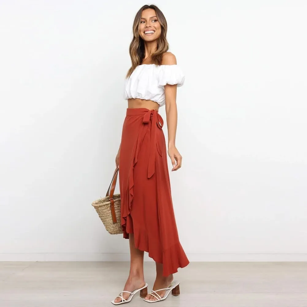 Women's High Low Casual Slit Wrap Asymmetrical Skirt - Solid Elastic High Waist With High Split - Flowy Long Maxi