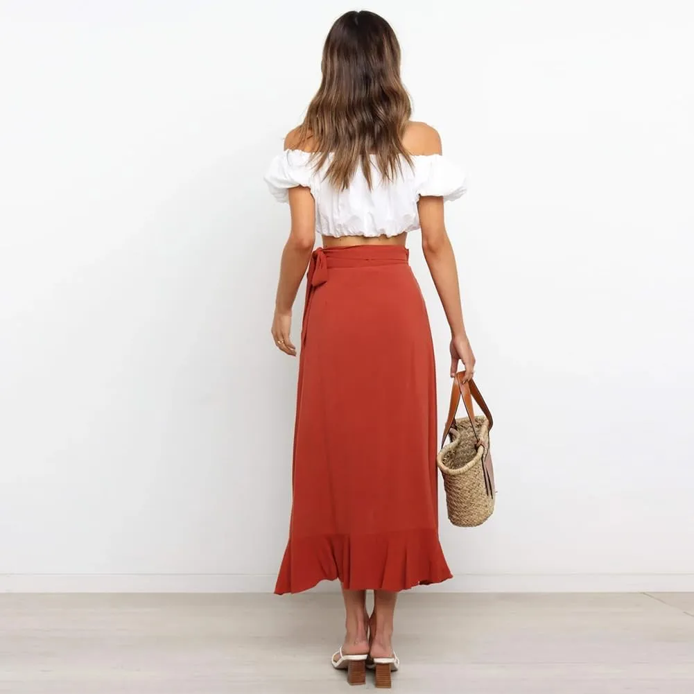 Women's High Low Casual Slit Wrap Asymmetrical Skirt - Solid Elastic High Waist With High Split - Flowy Long Maxi