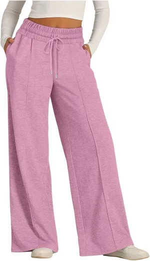 Women's High Waist Pants Wide Leg Casual Drawstring Sweatpants with Pockets Loose Solid Straight Leg Lounge Trousers