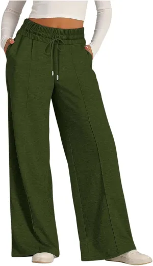 Women's High Waist Pants Wide Leg Casual Drawstring Sweatpants with Pockets Loose Solid Straight Leg Lounge Trousers