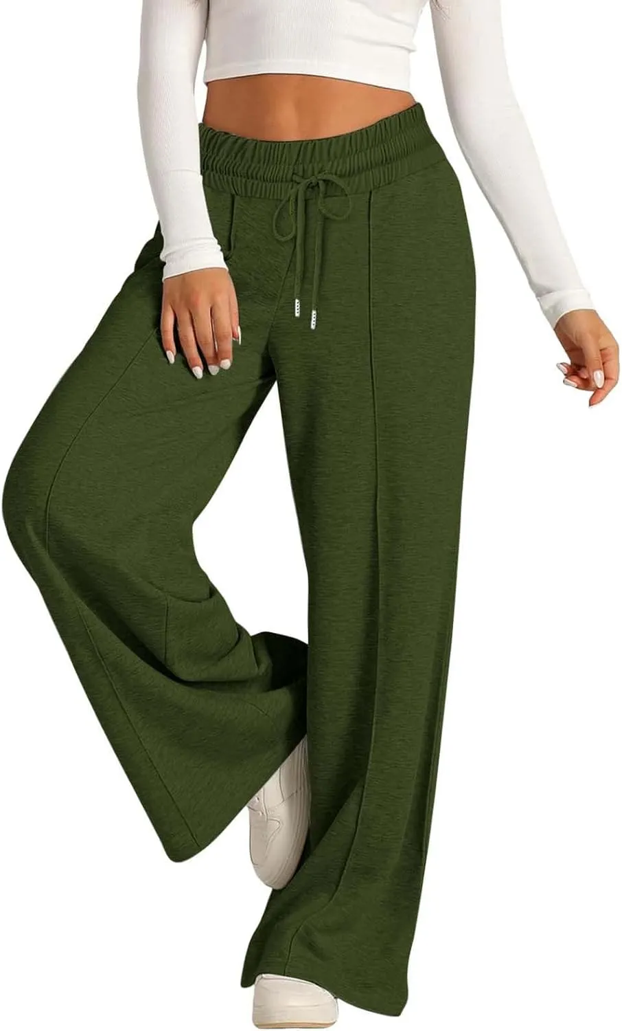 Women's High Waist Pants Wide Leg Casual Drawstring Sweatpants with Pockets Loose Solid Straight Leg Lounge Trousers