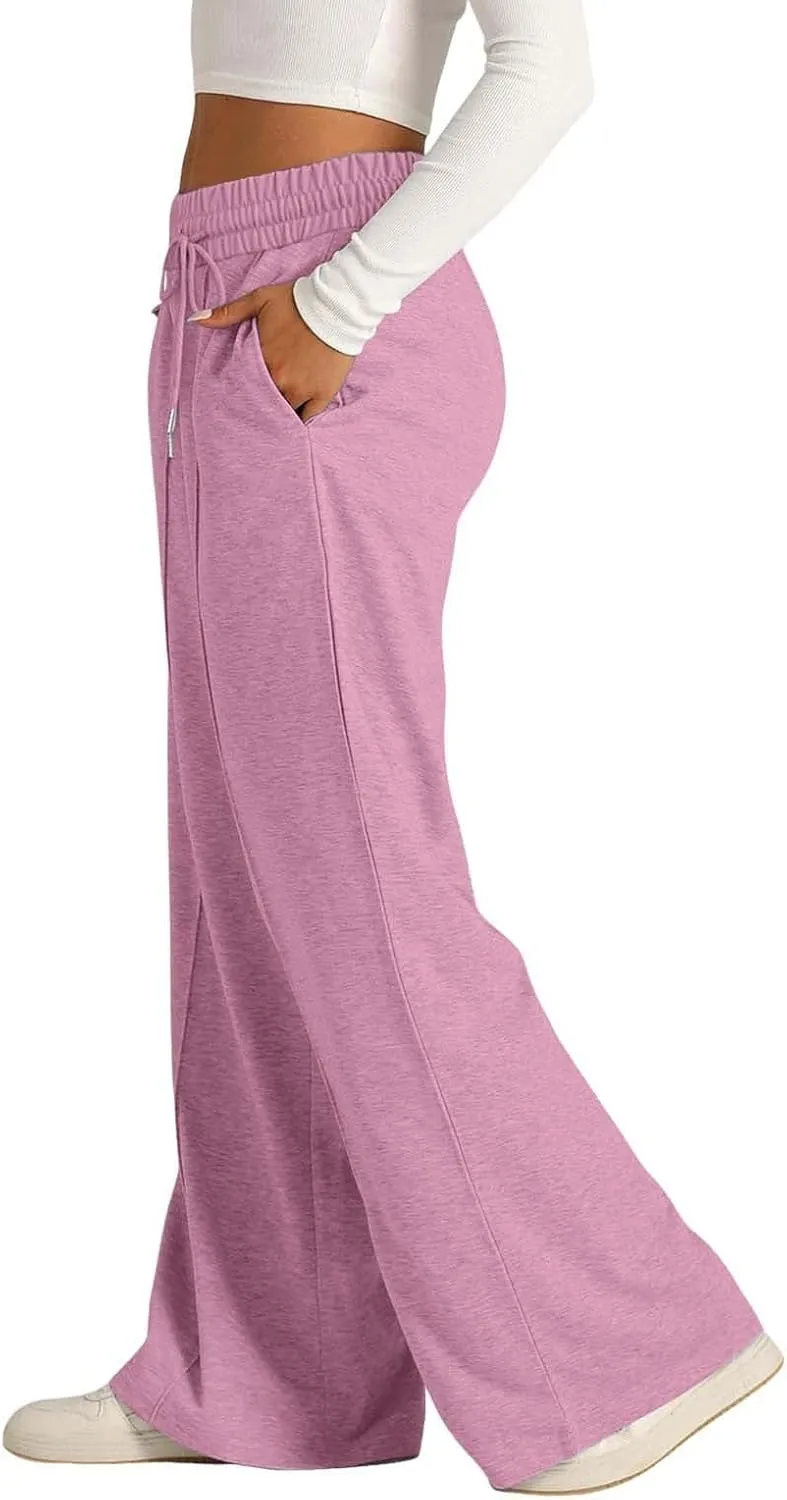Women's High Waist Pants Wide Leg Casual Drawstring Sweatpants with Pockets Loose Solid Straight Leg Lounge Trousers