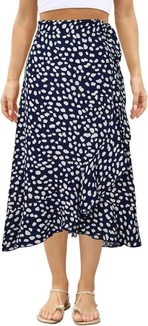 Women's High Waisted Wrap Ruffle Hem Split Midi Skirt
