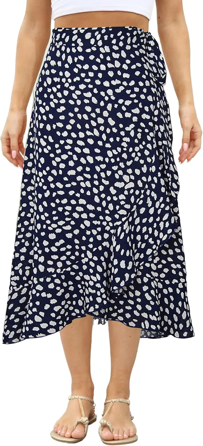 Women's High Waisted Wrap Ruffle Hem Split Midi Skirt