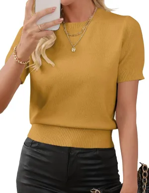 Womens Lightweight Slim Fit Cropped Short Sleeve Sweater Spring 2025 Outfits Crewneck Thin Sheer Knit T-Shirt Top