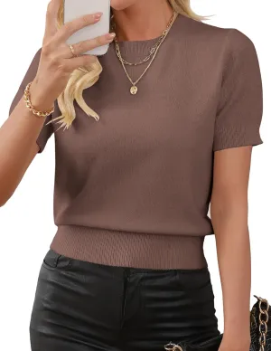 Womens Lightweight Slim Fit Cropped Short Sleeve Sweater Spring 2025 Outfits Crewneck Thin Sheer Knit T-Shirt Top
