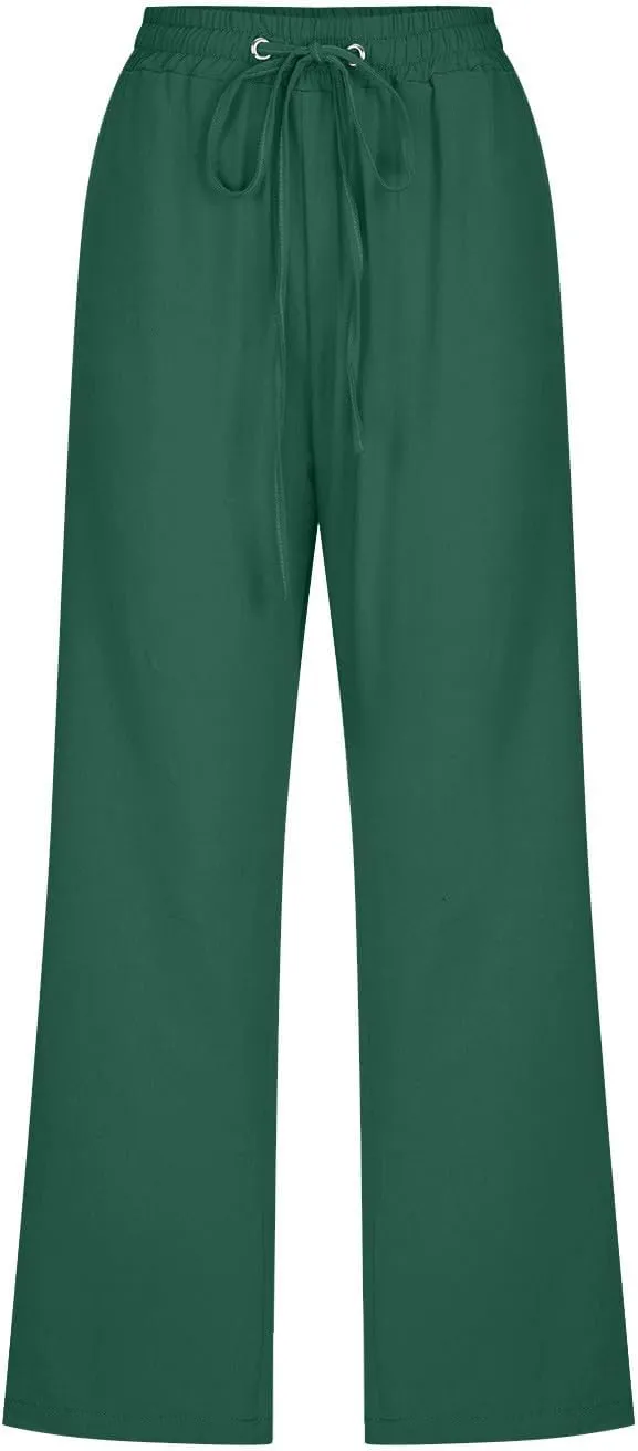 Womens Linen Capri Pants Summer Casual Drawstring Elastic Wasit Cropped Pants Loose Wide Leg Beach Palazzo W/Pockets