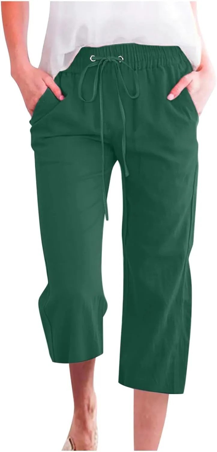 Womens Linen Capri Pants Summer Casual Drawstring Elastic Wasit Cropped Pants Loose Wide Leg Beach Palazzo W/Pockets