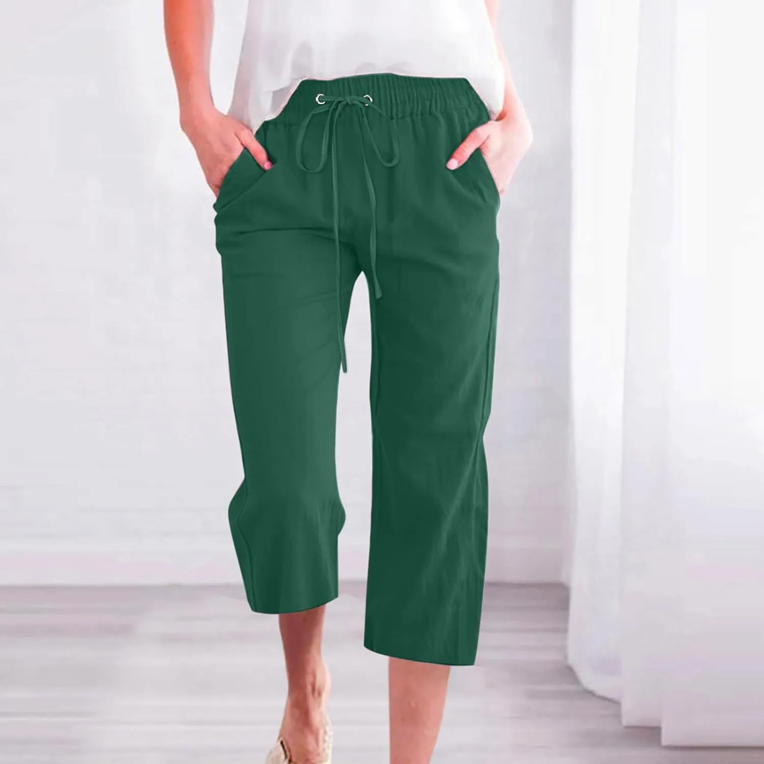 Womens Linen Capri Pants Summer Casual Drawstring Elastic Wasit Cropped Pants Loose Wide Leg Beach Palazzo W/Pockets